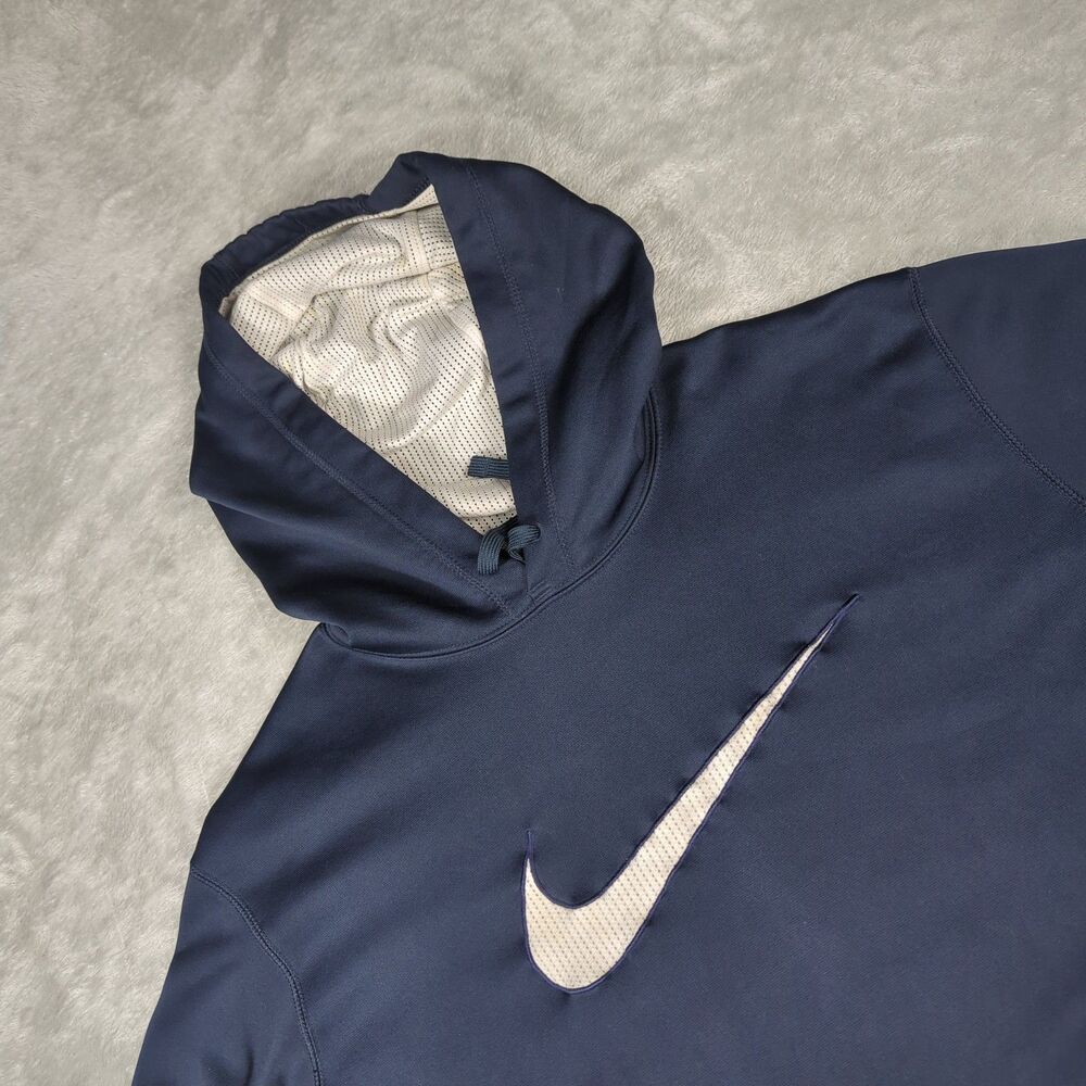 Nike Therma-Fit Hoodie Mens Large Navy Blue Big Swoosh Fleece Sweatshirt